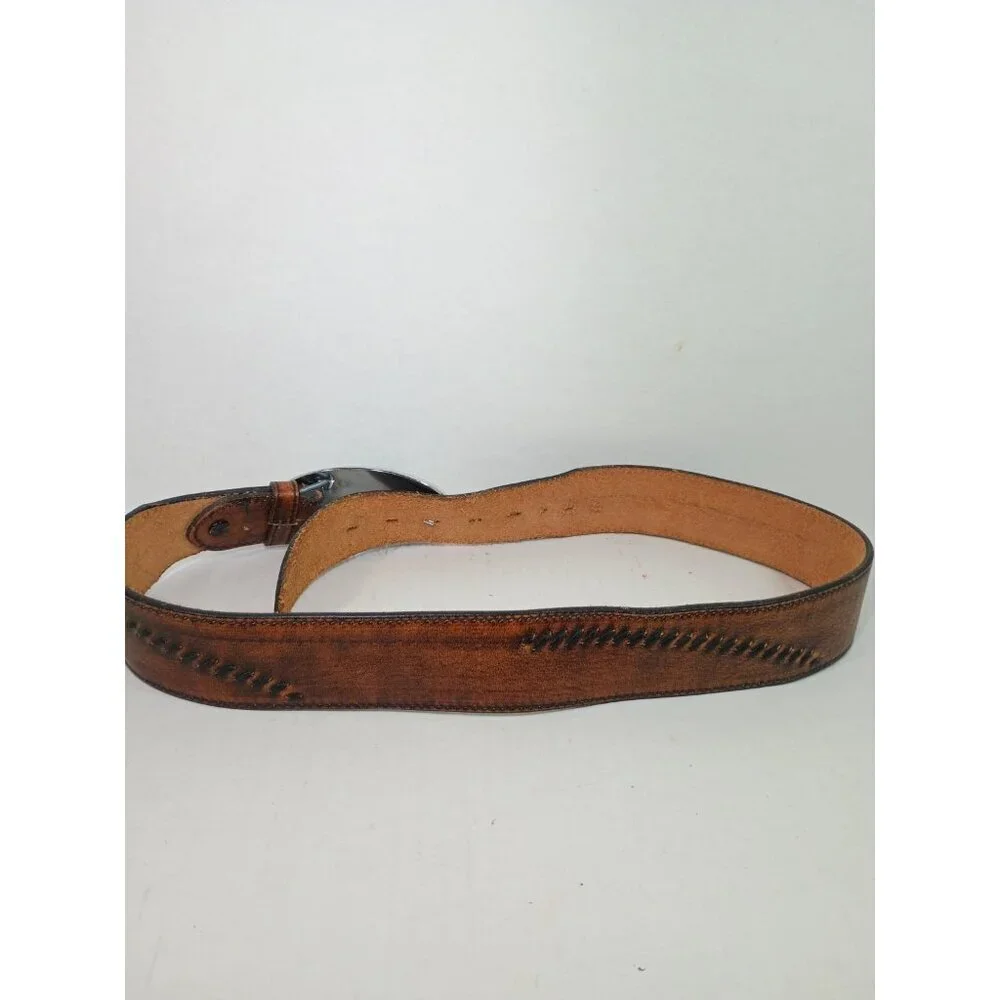 Vtg Litwin Leather Belt With Metal Western Turquoise Stone Buckle Size 30
